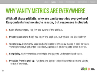 WHY VANITY METRICS ARE EVERYWHERE
With all those pitfalls, why are vanity metrics everywhere?
Respondents had no single reason, but responses included:
1.  Lack of awareness. Too few are aware of the pitfalls.
2.  Practitioner know-how. You know the problem, but what’s the alternative?
3.  Technology. Commonly used and affordable technology makes it easy to track
vanity metrics, but harder to collect, aggregate, and evaluate other metrics.
4.  Simplicity. Vanity metrics are simple and easy to understand and track.
5.  Pressure from higher up. Funders and senior leadership often demand vanity
“topline” metrics.
22
about | basics | deeper | key learnings | starting points | forward
 