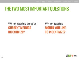 THE TWO MOST IMPORTANT QUESTIONS
25
Which tactics
WOULD YOU LIKE
TO INCENTIVIZE?
Which tactics do your
CURRENT METRICS
INCENTIVIZE?
about | basics | deeper | key learnings | starting points | forward
 