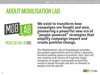 ABOUT MOBILISATION LAB
We exist to transform how
campaigns are fought and won,
pioneering a powerful new era of
“people-powered” strategies that
amplify campaign impact and
create positive change.
The Mobilisation Lab at Greenpeace provides
the global organization and its allies a dynamic,
forward-looking space to envision, test, and roll
out creative new means of inspiring larger
networks of leaders and people around the
world to break through and win on threats to
people and the planet.
3
about | basics | deeper | key learnings | starting points | forward
 