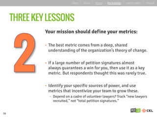 THREE KEY LESSONS
Your mission should define your metrics:
•  The best metric comes from a deep, shared
understanding of the organization’s theory of change.
•  If a large number of petition signatures almost
always guarantees a win for you, then use it as a key
metric. But respondents thought this was rarely true.
•  Identify your specific sources of power, and use
metrics that incentivize your team to grow these.
•  Depend on a cadre of volunteer lawyers? Track “new lawyers
recruited,” not “total petition signatures.”
38
about | basics | deeper | key learnings | starting points | forward
 