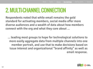 2. MULTI-CHANNEL CONNECTION
Respondents noted that while email remains the gold
standard for activating members, social media offer more
diverse audiences and a wealth of data about how members
connect with the org and what they care about ...
... leading most groups to hope for technological solutions to
more easily aggregate data from multiple channels into one
member portrait, and use that to make decisions based on
issue interest and organizational “brand affinity” as well as
email response.
43
about | basics | deeper | key learnings | starting points | forward
 