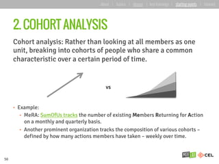 Cohort analysis: Rather than looking at all members as one
unit, breaking into cohorts of people who share a common
characteristic over a certain period of time.
•  Example:
•  MeRA: SumOfUs tracks the number of existing Members Returning for Action
on a monthly and quarterly basis.
•  Another prominent organization tracks the composition of various cohorts –
defined by how many actions members have taken – weekly over time.
2. COHORT ANALYSIS
50
vs
about | basics | deeper | key learnings | starting points | forward
 