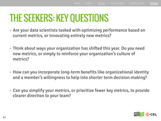 THE SEEKERS: KEY QUESTIONS
•  Are your data scientists tasked with optimizing performance based on
current metrics, or innovating entirely new metrics?
•  Think about ways your organization has shifted this year. Do you need
new metrics, or simply to reinforce your organization’s culture of
metrics?
•  How can you incorporate long-term benefits like organizational identity
and a member’s willingness to help into shorter term decision-making?
•  Can you simplify your metrics, or prioritize fewer key metrics, to provide
clearer direction to your team?
67
about | basics | deeper | key learnings | starting points | forward
 