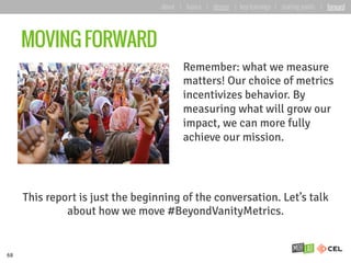 MOVING FORWARD
Remember: what we measure
matters! Our choice of metrics
incentivizes behavior. By
measuring what will grow our
impact, we can more fully
achieve our mission.
68
This report is just the beginning of the conversation. Let’s talk
about how we move #BeyondVanityMetrics.
about | basics | deeper | key learnings | starting points | forward
 