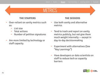 THE STARTERS THE SEEKERS
•  Over-reliant on vanity metrics such
as:
•  List size
•  Total actions
•  Number of petition si...