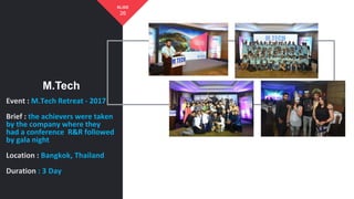 Event : M.Tech Retreat - 2017
Brief : the achievers were taken
by the company where they
had a conference R&R followed
by gala night
Location : Bangkok, Thailand
Duration : 3 Day
M.Tech
26
SLIDE
 