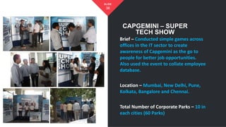 38
SLIDE
CAPGEMINI – SUPER
TECH SHOW
Brief – Conducted simple games across
offices in the IT sector to create
awareness of Capgemini as the go to
people for better job opportunities.
Also used the event to collate employee
database.
Location – Mumbai, New Delhi, Pune,
Kolkata, Bangalore and Chennai.
Total Number of Corporate Parks – 10 in
each cities (60 Parks)
 
