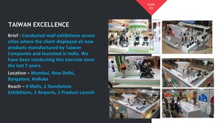 Brief - Conducted mall exhibitions across
cities where the client displayed all new
products manufactured by Taiwan
Companies and launched in India. We
have been conducting this exercise since
the last 7 years.
Location – Mumbai, New Delhi,
Bangalore, Kolkata
Reach – 8 Malls, 2 Standalone
Exhibitions, 2 Airports, 1 Product Launch
TAIWAN EXCELLENCE
43
SLIDE
 