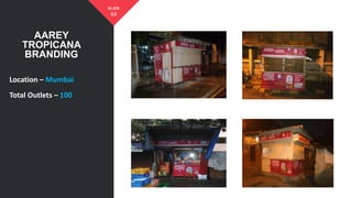 AAREY
TROPICANA
BRANDING
64
SLIDE
Location – Mumbai
Total Outlets – 100
 
