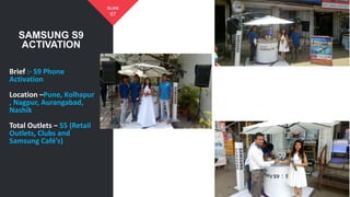SAMSUNG S9
ACTIVATION
67
SLIDE
Brief :- S9 Phone
Activation
Location –Pune, Kolhapur
, Nagpur, Aurangabad,
Nashik
Total Outlets – 55 (Retail
Outlets, Clubs and
Samsung Café’s)
 