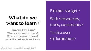What do we
want to learn?
How could we learn?
What do we need to learn?
What can help us to learn?
What limitations do we have?
Explore <target>
With <resources,
tools, constraints>
To discover
<information>
@aclairefication #deliveragile2018
 