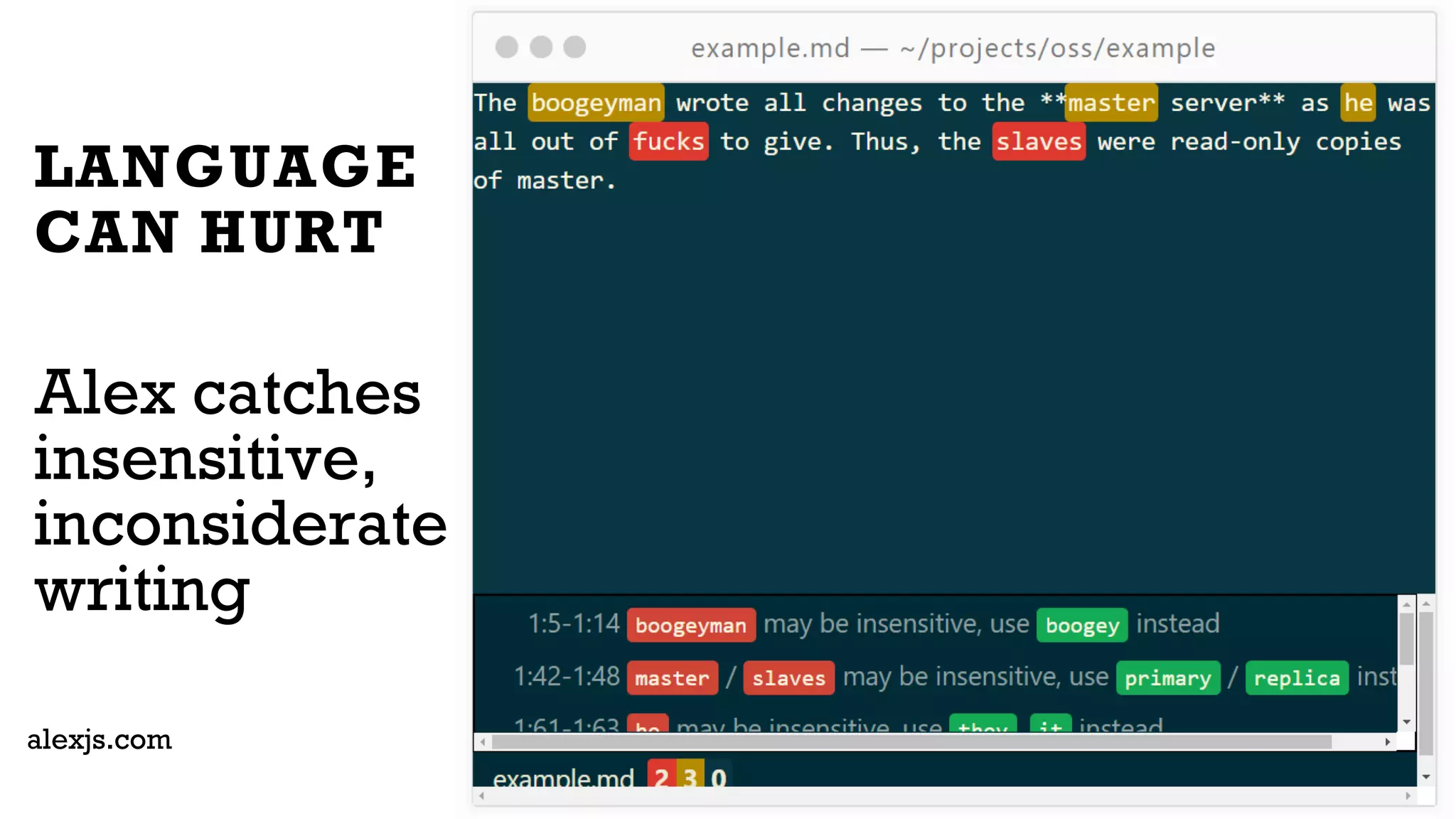 LANGUAGE
CAN HURT
Alex catches
insensitive,
inconsiderate
writing
alexjs.com
 