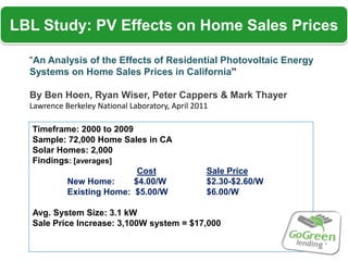 LBL Study: PV Effects on Home Sales Prices

  “An Analysis of the Effects of Residential Photovoltaic Energy
  Systems on Home Sales Prices in California”

  By Ben Hoen, Ryan Wiser, Peter Cappers & Mark Thayer
  Lawrence Berkeley National Laboratory, April 2011

  Timeframe: 2000 to 2009
  Sample: 72,000 Home Sales in CA
  Solar Homes: 2,000
  Findings: [averages]
                           Cost                   Sale Price
          New Home:       $4.00/W                 $2.30-$2.60/W
          Existing Home: $5.00/W                  $6.00/W

  Avg. System Size: 3.1 kW
  Sale Price Increase: 3,100W system = $17,000
 