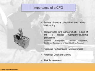  Ensure financial discipline and avoid
bankruptcy
 Responsible for Finance which is one of
the 5 critical Company-Buildi...