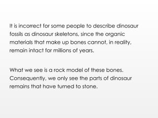 It is incorrect for some people to describe dinosaur
fossils as dinosaur skeletons, since the organic
materials that make up bones cannot, in reality,
remain intact for millions of years.
What we see is a rock model of these bones.
Consequently, we only see the parts of dinosaur
remains that have turned to stone.
 