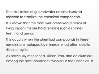 The circulation of groundwater carries dissolved
minerals to stabilize the chemical components.
It is known that the most well-preserved remains of
living organisms are hard remains such as bones,
teeth, and armor.
This occurs when the chemical compounds in these
remains are replaced by minerals, most often calcite,
silica, or pyrite.
As previously mentioned, silicon, iron, and calcium are
among the most abundant minerals in the Earth's crust.
 