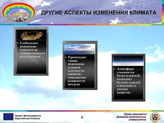 ДРУГИЕ АСПЕКТЫ ИЗМЕНЕНИЯ КЛИМАТА

Проект финансируется
Европейским Союзом

4

Проект реализуется
Донецким национальным
университетом

 