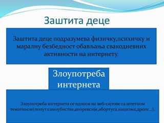 Заштита деце 
Заштита деце подразумева физичку,психичку и 
маралну безбедност обављања свакодневних 
активности на интернету. 
Злоупотреба 
интернета 
Злоупотреба интернета се односи на веб-сајтове са штетном 
тематиком(попут:самоубиства,анорексије,абортуса,нацизма,дроге...). 
 