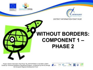 DISTRICT INFORMATION POINT RUSE




                                                          WITHOUT BORDERS:
                                                           COMPONENT 1 –
                                                               PHASE 2


  Project “District Information Point Ruse” No. BG161РО002-3.3.02-0004 –C0001,
funded by Technical Assistance Operational Program, co-financed by the EU through
                       the European Regional Development Fund.
 
