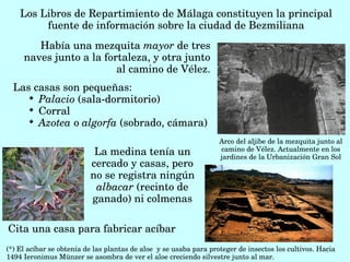 (*) El acíbar se obtenía de las plantas de aloe  y se usaba para proteger de insectos los cultivos. Hacia 
1494 Ieronimus Münzer se asombra de ver el aloe creciendo silvestre junto al mar.
Los Libros de Repartimiento de Málaga constituyen la principal 
fuente de información sobre la ciudad de Bezmiliana
Las casas son pequeñas: 

Palacio (sala­dormitorio)

Corral

Azotea o algorfa (sobrado, cámara) 
 Había una mezquita mayor de tres 
naves junto a la fortaleza, y otra junto 
al camino de Vélez.
La medina tenía un 
cercado y casas, pero 
no se registra ningún 
albacar (recinto de 
ganado) ni colmenas
Cita una casa para fabricar acíbar 
Arco del aljibe de la mezquita junto al 
camino de Vélez. Actualmente en los 
jardines de la Urbanización Gran Sol
 