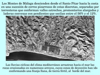 Los Montes de Málaga descienden desde el Santo Pitar hacia la costa 
en una sucesión de cerros pizarrosos de cotas discretas, separadas por 
torrenteras que conforman valles estrechos, promontorios alargados y 
laderas convexas con pendientes que oscilan entre el 56% y el 12%.
Las lluvias cíclicas del clima mediterráneo arrastran hacia el mar las 
rocas erosionadas en numerosos arroyos, cuyos conos de deyección han ido 
conformando una franja llana, de tierra fértil, al  borde del mar.
 