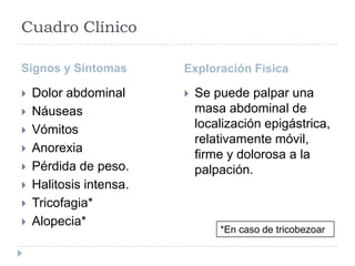 Cuadro Clínico
Signos y Síntomas









Dolor abdominal
Náuseas
Vómitos
Anorexia
Pérdida de peso.
Halitosis intensa.
Tricofagia*
Alopecia*

Exploración Física


Se puede palpar una
masa abdominal de
localización epigástrica,
relativamente móvil,
firme y dolorosa a la
palpación.

*En caso de tricobezoar

 