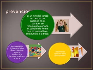 Si un niño ha tenido
un bezoar de
cabellos en el
pasado, se
recomienda cortarle
el cabello de forma
que no pueda llevar
sus puntas a la boca.

los materiales
indigestos lejos
de un niño que
tenga la
tendencia a
llevarse objetos a
la boca.

Tratamiento
oportuno en la
gastroparesia

 