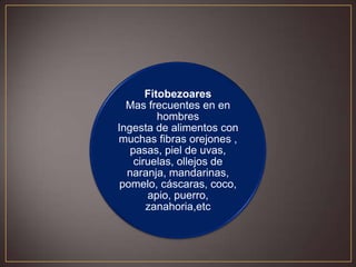 Fitobezoares
Mas frecuentes en en
hombres
Ingesta de alimentos con
muchas fibras orejones ,
pasas, piel de uvas,
ciruelas, ollejos de
naranja, mandarinas,
pomelo, cáscaras, coco,
apio, puerro,
zanahoria,etc

 