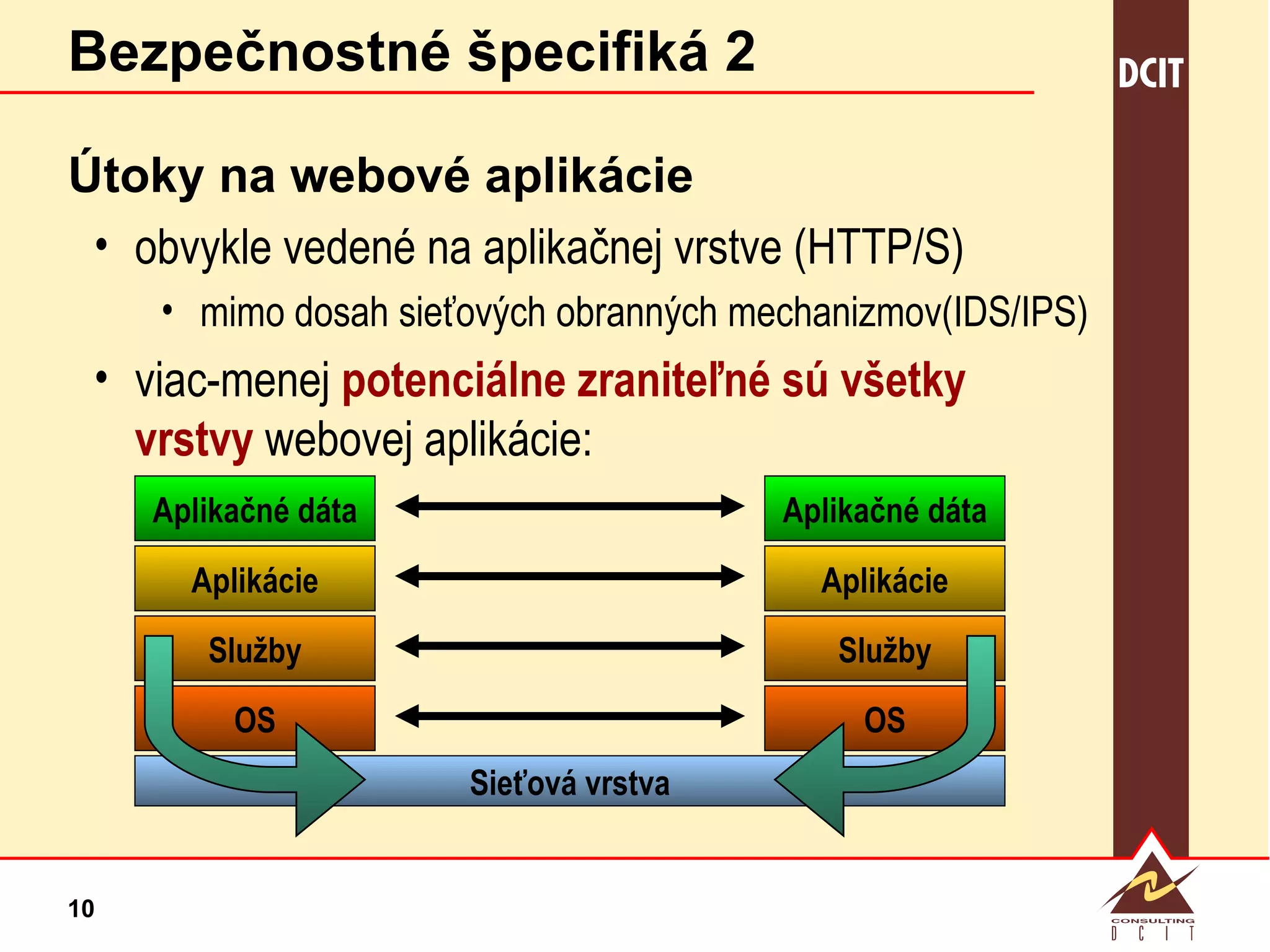 Bezpečnostné špecifiká 2 Útoky na webové aplikácie obvykle vedené na aplikačnej vrstve (HTTP/S) mimo dosah sieťových obranných mechanizmov(IDS/IPS) viac-menej  potenciálne zraniteľné sú všetky vrstvy  webovej aplikácie: Sieťová vrstva OS Služby Aplikácie Aplikačné dáta OS Služby Aplikácie Aplikačné dáta 