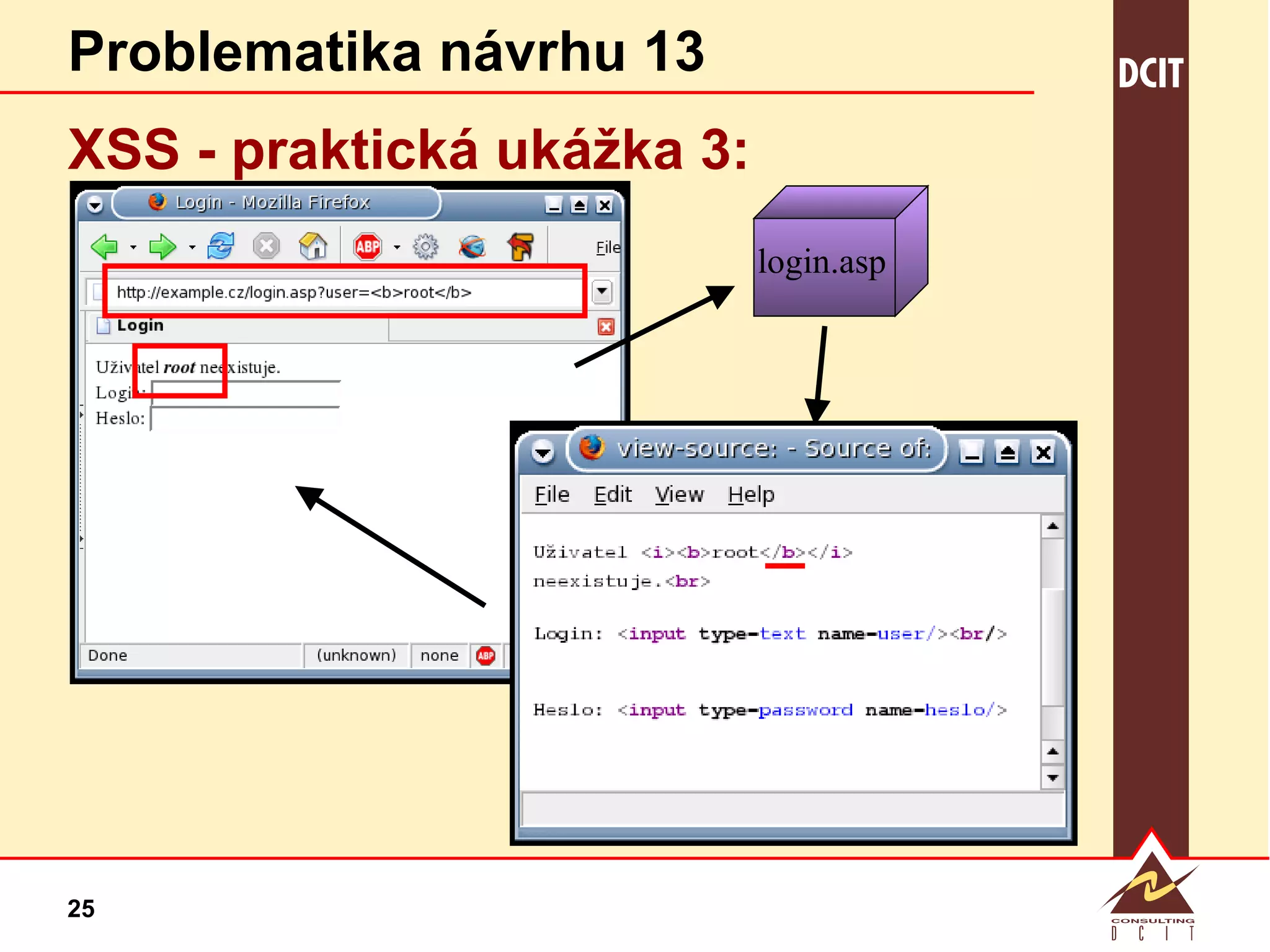 Problematika návrhu 13 XSS - praktická  ukážka 3: login.asp 