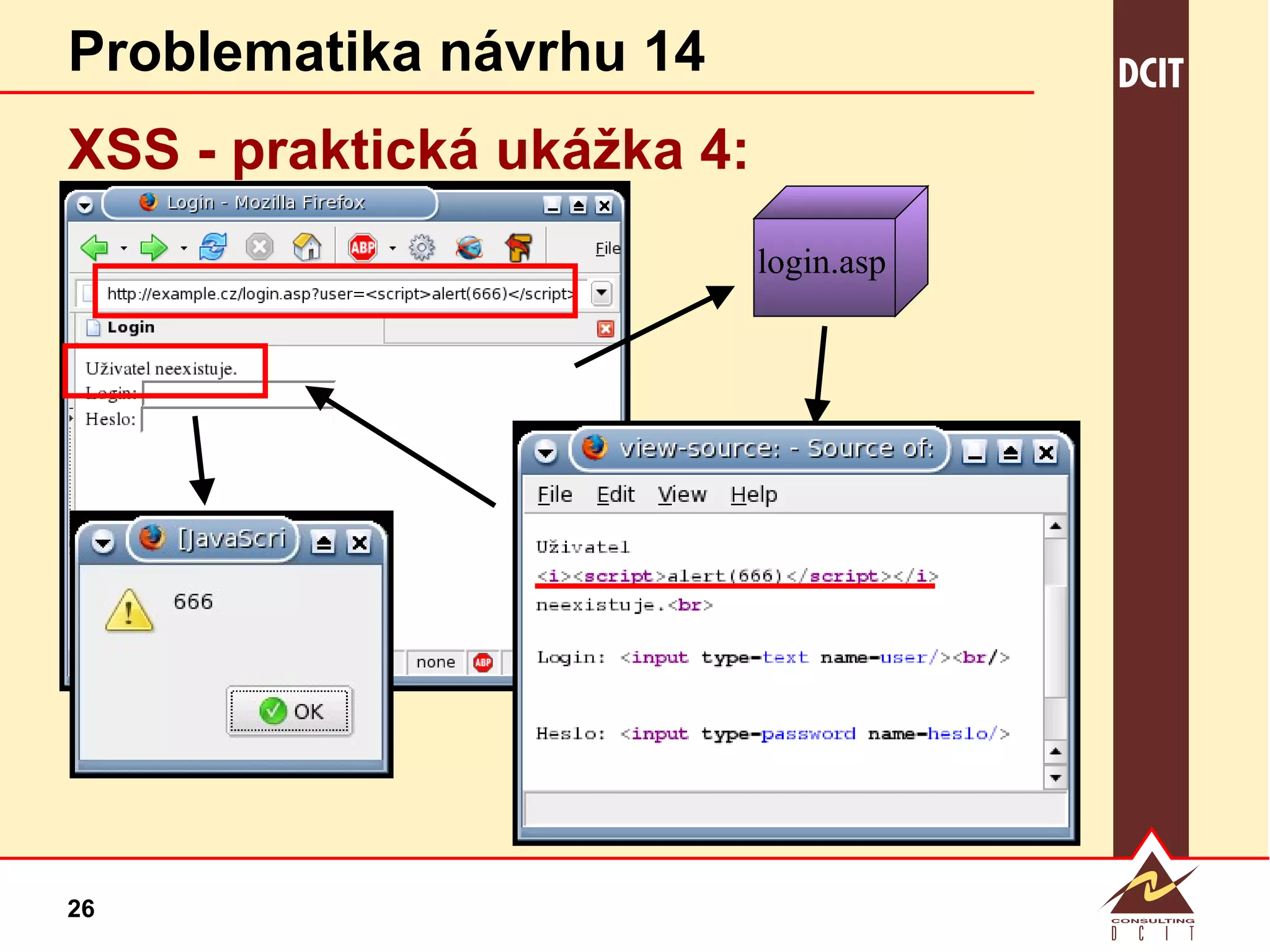 Problematika návrhu 14 XSS - praktická  ukážka 4: login.asp 