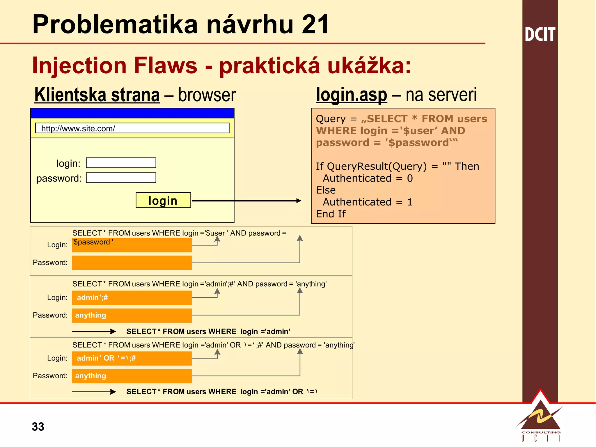 Problematika návrhu 21 Injection Flaws - praktická  ukážka:   http://www.site.c om / login: password: login Klientska strana   –  browser login.asp  –  n a server i Query =  „SELECT * FROM users  WHERE login ='$user’ AND password = '$password‘“ If QueryResult(Query) = "" Then  Authenticated = 0 Else  Authenticated = 1  End If  
