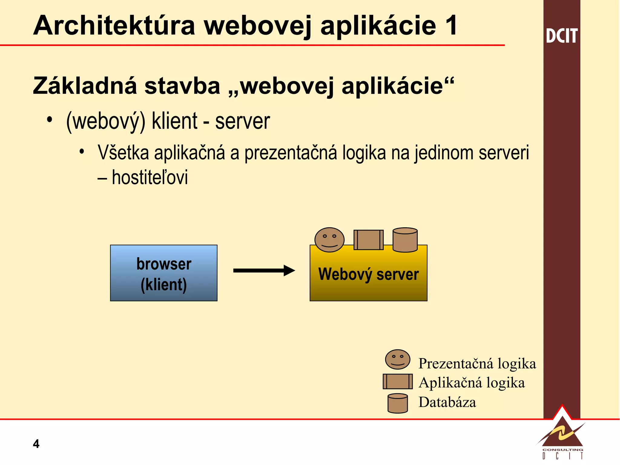 Architektúra webovej aplikácie 1 Základná stavba „webovej aplikácie“ (webový) klient - server Všetka aplikačná a prezentačná logika na jedinom serveri – hostiteľovi browser ( klient ) Webový server Prezentačná logika Aplikačná logika Databáza 