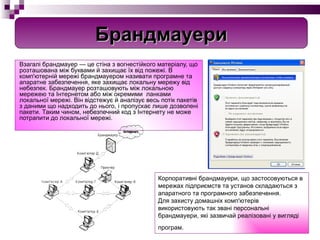 Взагалі брандмауер — це стіна з вогнестійкого матеріалу, що розташована між буквами й захищає їх від пожежі. В комп'ютерній мережі брандмауером називати програмне та апаратне забезпечення, яке захищає локальну мережу від небезпек. Брандмауер розташовують між локальною мережею та Інтернетом або між окремими  ланками локальної мережі. Він відстежує й аналізує весь потік пакетів з даними що надходить до нього, і пропускає лише дозволені пакети. Таким чином, небезпечний код з Інтернету не може потрапити до локальної мережі.   Корпоративні брандмауери, що застосовуються в мережах підприємств та установ складаються з апаратного та програмного забезпечення. Для захисту домашніх комп'ютерів використовують так звані персональні брандмауери, які зазвичай реалізовані у вигляді програм. Брандмауери 