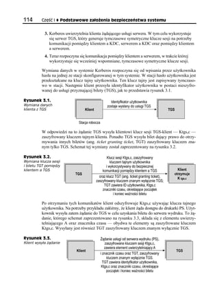 114       Część I       Podstawowe założenia bezpieczeństwa systemu


            3. Kerberos uwierzytelnia klienta żądającego usługi serwera. W tym celu wykorzystuje
               się serwer TGS, który generuje tymczasowe symetryczne klucze sesji na potrzeby
               komunikacji pomiędzy klientem a KDC, serwerem a KDC oraz pomiędzy klientem
               a serwerem.
            4. Teraz rozpoczyna się komunikacja pomiędzy klientem a serwerem, w trakcie której
               wykorzystuje się wcześniej wspomniane, tymczasowe symetryczne klucze sesji.

          Wymiana danych w systemie Kerberos rozpoczyna się od wpisania przez użytkownika
          hasła na jednej ze stacji skonfigurowanej w tym systemie. W stacji hasło użytkownika jest
          przekształcane na klucz tajny użytkownika. Ten klucz tajny jest zapisywany tymczaso-
          wo w stacji. Następnie klient przesyła identyfikator użytkownika w postaci nieszyfro-
          wanej do usługi przyznającej bilety (TGS), jak to przedstawia rysunek 3.1.

Rysunek 3.1.
Wymiana danych
klienta z TGS




          W odpowiedzi na to żądanie TGS wysyła klientowi klucz sesji TGS-klient — Ktgs,c —
          zaszyfrowany kluczem tajnym klienta. Ponadto TGS wysyła bilet dający prawo do otrzy-
          mywania innych biletów (ang. ticket granting ticket, TGT) zaszyfrowany kluczem zna-
          nym tylko TGS. Schemat tej wymiany został zaprezentowany na rysunku 3.2.

Rysunek 3.2.
Wymiana klucza sesji
i biletu TGT pomiędzy
klientem a TGS




          Po otrzymaniu tych komunikatów klient odszyfrowuje Ktgs,c używając klucza tajnego
          użytkownika. Na potrzeby przykładu załóżmy, że klient żąda dostępu do drukarki PS. Użyt-
          kownik wysyła zatem żądanie do TGS w celu uzyskania biletu do serwera wydruku. To żą-
          danie, którego schemat zaprezentowano na rysunku 3.3, składa się z elementu uwierzy-
          telniającego A oraz znacznika czasu — obydwa te elementy są zaszyfrowane kluczem
          Ktgs,c. Wysyłany jest również TGT zaszyfrowany kluczem znanym wyłącznie TGS.

Rysunek 3.3.
Klient wysyła żądanie
 
