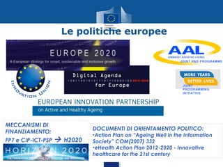Le politiche europee

JOINT R&D PROGRAMME

JOINT
PROGRAMMING
INITIATIVE

MECCANISMI DI
FINANZIAMENTO:
FP7 e CIP-ICT-PSP  H2020

DOCUMENTI DI ORIENTAMENTO POLITICO:

•Action Plan on “Ageing Well in the Information
Society” COM(2007) 332
•eHealth Action Plan 2012-2020 - Innovative
healthcare for the 21st century

 