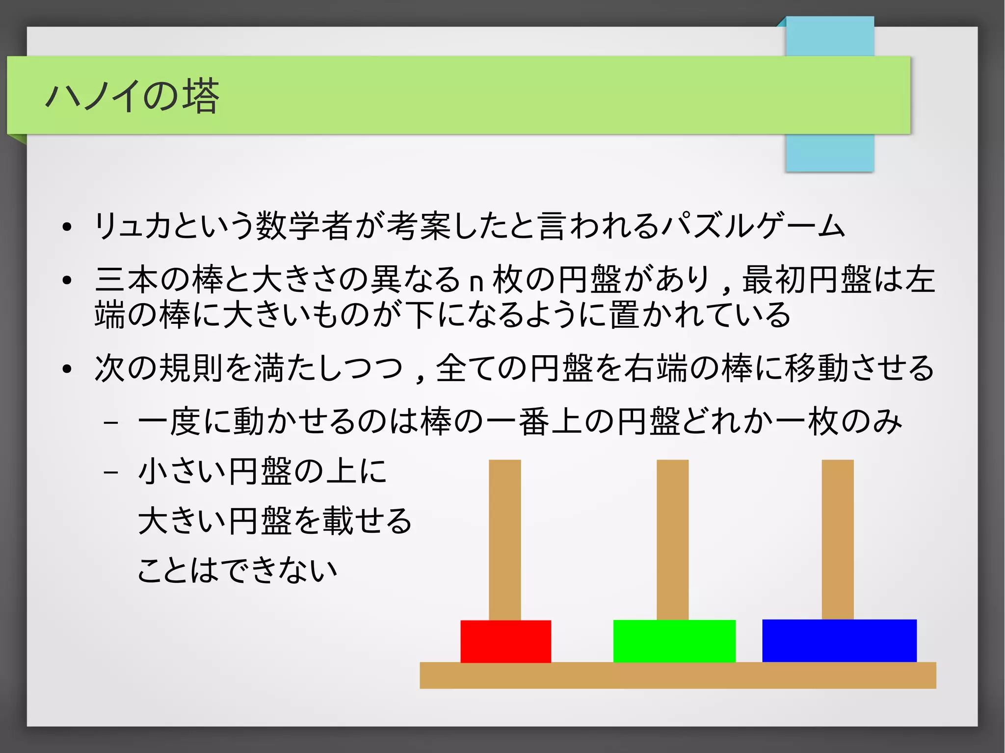 ハノイの塔
● リュカという数学者が考案したと言われるパズルゲーム
● 三本の棒と大きさの異なる n 枚の円盤があり , 最初円盤は左
端の棒に大きいものが下になるように置かれている
● 次の規則を満たしつつ , 全ての円盤を右端の棒に移動させる
– 一度に動かせるのは棒の一番上の円盤どれか一枚のみ
– 小さい円盤の上に
大きい円盤を載せる
ことはできない
 