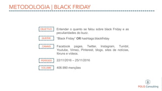 Entender o quanto se falou sobre black Friday e as
peculiaridades do buzz.
OBJETIVO
QUERIE “Black Friday” OR hashtags:blackfriday
CANAIS Facebook pages, Twitter, Instagram, Tumblr,
Youtube, Vimeo, Pinterest, blogs, sites de notícias,
fóruns e vídeos.
PERÍODO 22/11/2016 – 25/11/2016
VOLUME 406.990 menções
 