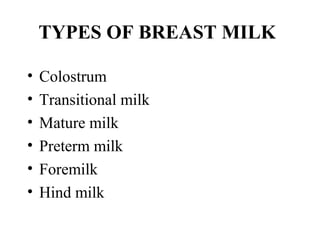TYPES OF BREAST MILK
• Colostrum
• Transitional milk
• Mature milk
• Preterm milk
• Foremilk
• Hind milk
 