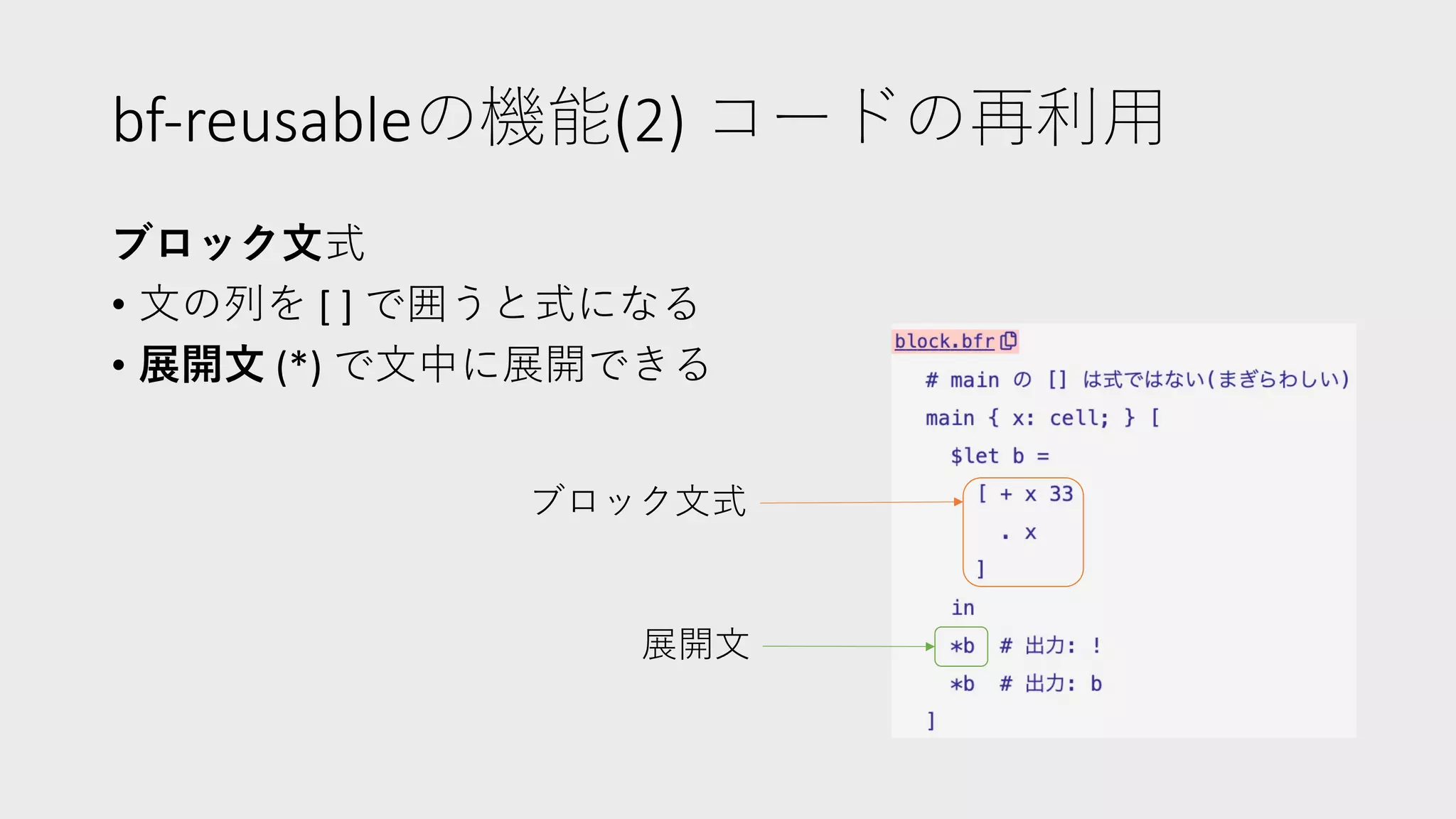 bf-reusableの機能(2) コードの再利⽤
ブロック⽂式
• ⽂の列を [ ] で囲うと式になる
• 展開⽂ (*) で⽂中に展開できる
ブロック⽂式
展開⽂
 