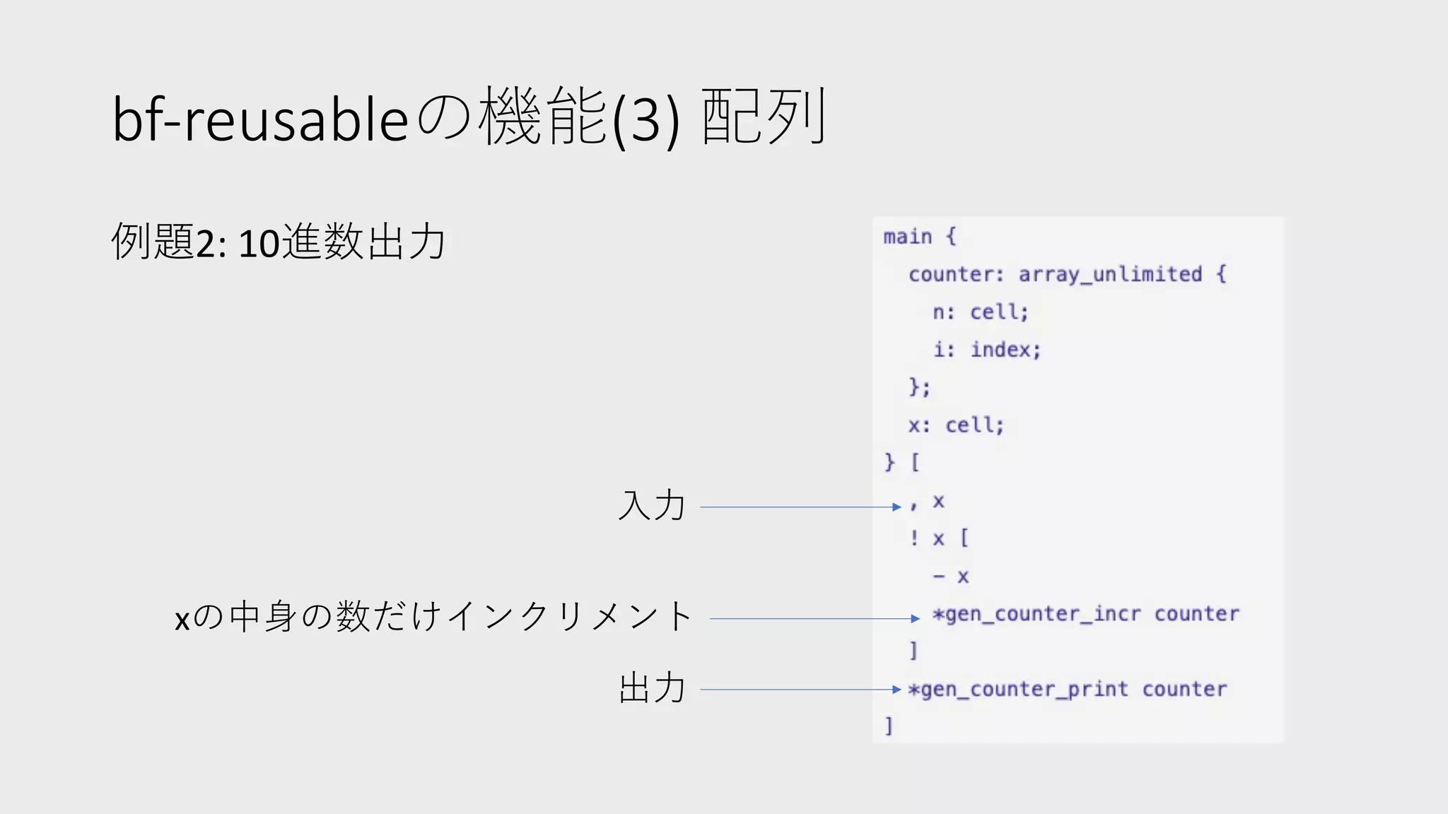 bf-reusableの機能(3) 配列
例題2: 10進数出⼒
⼊⼒
xの中⾝の数だけインクリメント
出⼒
 