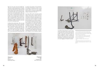 74 75
Pages from the artist's latest book, fffff (unfin-
ished notes), make their appearance in the show
to remind us of their relation to Dean's sculptural
forms. Some of them have been rolled into a ball
and then hidden under the lifted edge of the gal-
lery's linoleum; others just sit on the floor, like
remains of a recent metamorphosis. Mass cul-
ture's symbol of cannabis leaves, pennies, Bob
Marley's faces, clouds and Playboy bunnies trace
doodles on the crumpled paper, as delirious as
steps of a liberating dance. Their desire for free-
dom is compulsive. Like ivy plants, they leave the
boundaries of the paper to keep their run on the
metal shutters. Others are scattered on the floor
in the form of small plastic bags.
In Dean's shows words matter. They can create
playful loops on the paper or barriers impossible
to overtake. "Shore" is one of those words. Hun-
dreds of personalised stickers containing varia-
tions of the noun – shoring, shorey, sho, shore
- are attached in a chaotic fashion throughout the
space: on the walls, on the doors, on the door-
frames. In a corner of the gallery, more stickers
trace a circle around a pile of concrete pieces that
are similar to the trophies in the antechamber.
The feeling of being left out, a déjà vu of our
first encounter, is reinforced by the "accessed
denied" symbol. Yet we are in. Just another
border between us and those abandoned limbs
seeking a compassion of some sort.
As a noun, "Shore" refers to that piece of land
along a body of water, a universal symbol of
journeys and discoveries. However, this sense
of freedom is at stake now more than ever. In a
recent article on Artforum, Michelle Kuo points
out that every form of identity is "as much
about asserting one as it is about escaping it"3
.
It is this duality that fuels Dean's art. Roam-
ing in the space of the South London Gallery,
it is impossible not to read Dean's borders as
a reference to the current refugee crisis. Much
as "Qualities of Violence" - the other show for
which Dean has been nominated for the Turner
Prize - "Sic Glyphs" speaks through a dichoto-
my of language. Indeed, identity politics are at
the core of the mass migration and iconoclasm
exploding around the world today4
. The ques-
tion is whether or not art should be political.
Michael Dean
Sic Glyphs
2015
Installation View
South London Gallery
>
>
Michael Dean
Sic Glyphs
2015
Installation View
South London Gallery
According to Jacques Ranciére, an artistic inter-
vention can be political when it finds new paths
to express the ways we perceive and express the
sensible5
. Dean's show is all of that. It does not
look for indignation. Instead, it explores the
political resources of art from a more discrete
perspective. "Sic Glyphs" does not say its words
aloud. Rather, it does pronounce tender whispers
to our ears, begging us to decipher its melody.
1. Neo-Concretist Manifesto, Rio de Janeiro, March 1959, signed by Amilcar
de Castro, Ferreira Gullar, Franz Weissman, Lygia Clark, Lygia Paper, Reynaldo
Jardim, Theon Spanus. Reproduced in Lygia Clark and Yves-Alain Bois, "Nostalgia
of the Body", October, vol. 69, (Summer 1994): 94.
2. Pavel S. Pys', "Giving flesh to words", in Michael Dean: Selected Writings,
(London: Mousse Publishing and The Henry Moore Foundation, 2012), 10.
Grey Room, No. 19 (Spring, 2005). pp. 55.)
3. Michelle Kuo, "Art and Identity", Artforum (Summer 2016), 246.
4. Ibid.
5. Jacques Rancière interviewed by Fulvia Carnevale and John Kelsey, "Art of
the Possible. A conversation with Jacques Ranciére", Artforum 45, no. 7 (March
2007): 257.
 