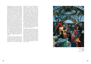 82 83
Shipping containers are a modern creation,
havnggainedpopularityinthemid-20thcentury,
primarily during the Vietnam War, as a means of
international trade in late capitalism. Yong Ping
creates them as realistically as possible, making
each container colourfully branded, either with
a company name or a country, demonstrating
the stake each individual economy tries to have
in the global economic landscape – a landscape
represented further by the literal topography
made from 'mountains' of containers. The ties
these containers have to war is emphasised by
the hat perched on top. The hat embodies the
bloodiness and brutality associated with Na-
poleon's efforts to create an empire. And yet,
those efforts also helped lead to modernity with
standardisation and organisation, epitomised
by the containers themselves. What's more, the
skeletal serpent with its aluminium body mim-
ics the architecture of the Grand Palais, harking
back to its origins in the industrial revolution. In
this way, there is a further representation of eco-
nomic history, the start of westernisation, and
the rise of capitalism and class structure as they
have developed over time. These three elements
are so entwined that despite the slight discon-
nect in imagery from one object to the next, and
the somewhat ridiculousness of the hat at such
a large scale and sitting as a centrepiece in the
entire work, the unified symbolism gives it all
credence.
The serpent also speaks to religious and cul-
tural ideology. The importance and frequent
emergence of the serpent in Chinese culture
was what originally drew Yong Ping to use it
in his work. In 2012 he created a permanent
installation in the Loire Valley estuary entitled
Serpent in the Water. He also called upon the
importance of the serpent in biblical rep-
resentation through his piece Ark, created in
2009 to explore the idea of Noah's Ark repre-
senting safety and stability in contrast with
modern thoughts on migration. The various
religious, cultural, and political associations
are encouraged by Yong Ping and were some-
thing he remained conscious of throughout the
development of Empires. Without establishing
a specific opinion on the notion of an empire,
Huang Yong Ping has managed to create a work
that discusses the multitude of components in-
volved historically in the development of them.
Napoleon, while present in this specific work, is
just one small example of an emperor known to
history, but he hardly compares to the duration
of such empires as Byzantium Empire, the Chi-
nese Empire, or the Roman Empire. The past is
represented not physically, as in the case of the
bicorne, but figuratively as one imagines all that
has come before the time of Napoleon and all
that has led up to this moment.
Yong Ping has stated his intention for the work
to represent past, present, and future empires.
Yet the viewer is arguably only receiving part
of that picture with the past and present. If the
future of globalisation is to be guessed at from
Yong Ping's work, it seems to be a negative
view as we are presented the grim reality of
capitalism and war. But perhaps we are to take
the lessons of the empires that have come be-
fore the introduction of capitalism and today's
influx of the internet in all aspects of life and
somehow develop a global empire that main-
tains the identity and integrity of its citizens.
Only time will tell.
Huang Yongping
Empire
2016
Grand Palais, Paris
>
 