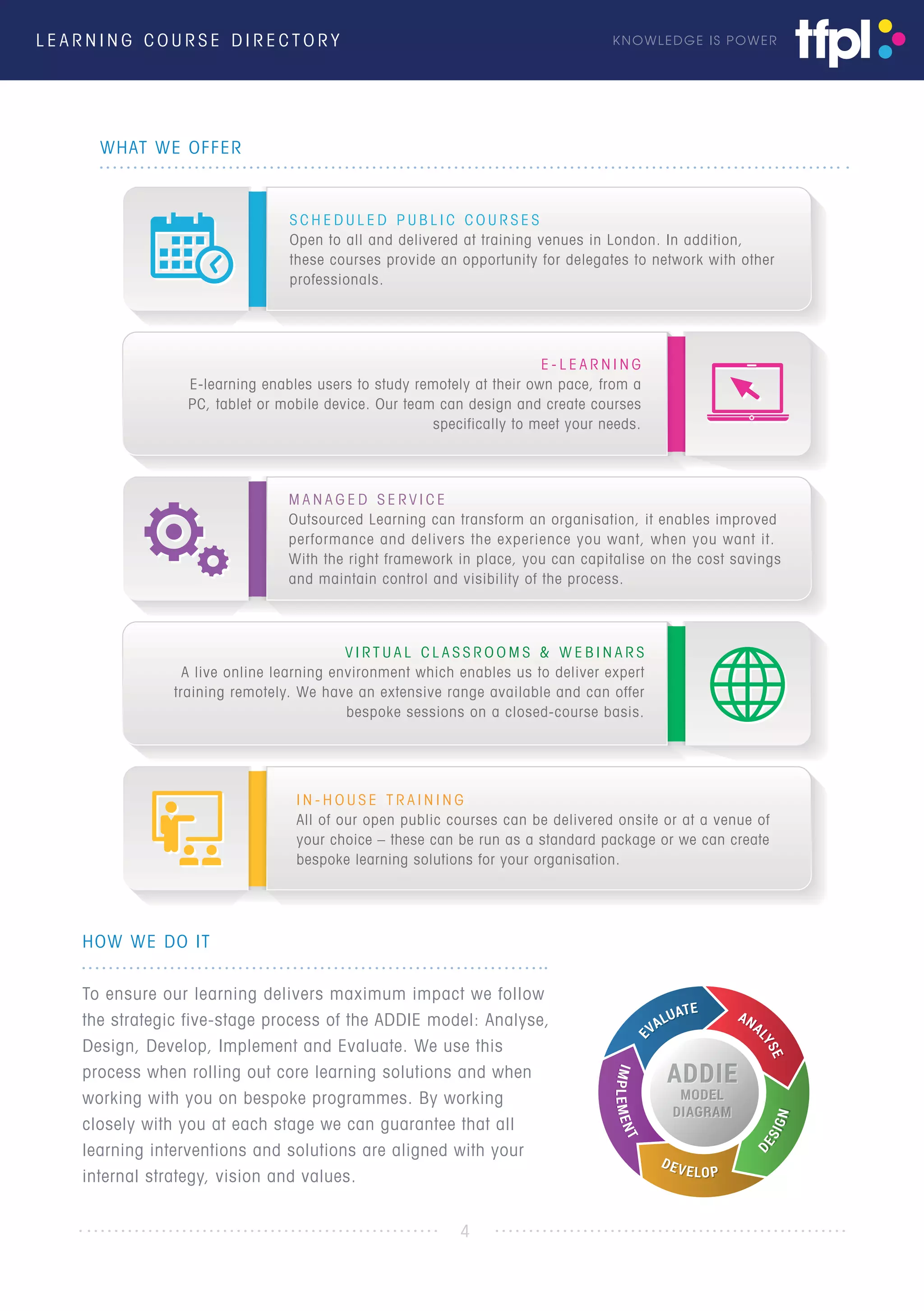 L E A R N I N G C O U R S E D I R E C T O R Y KNOWLEDGE IS POWER
HOW WE DO IT
To ensure our learning delivers maximum impact we follow
the strategic five-stage process of the ADDIE model: Analyse,
Design, Develop, Implement and Evaluate. We use this
process when rolling out core learning solutions and when
working with you on bespoke programmes. By working
closely with you at each stage we can guarantee that all
learning interventions and solutions are aligned with your
internal strategy, vision and values.
MOODEELL
DDIAGGRAMM
MMOODELMMOODDEELLMMODEL
DDIAGRRRRAMDDIIAGGRRAMMDIAGRAAMM
WHAT WE OFFER
S C H E D U L E D P U B L I C C O U R S E S
Open to all and delivered at training venues in London. In addition,
these courses provide an opportunity for delegates to network with other
professionals.
V I R T U A L C L A S S R O O M S & W E B I N A R S
A live online learning environment which enables us to deliver expert
training remotely. We have an extensive range available and can offer
bespoke sessions on a closed-course basis.
M A N A G E D S E R V I C E
Outsourced Learning can transform an organisation, it enables improved
performance and delivers the experience you want, when you want it.
With the right framework in place, you can capitalise on the cost savings
and maintain control and visibility of the process.
I N - H O U S E T R A I N I N G
All of our open public courses can be delivered onsite or at a venue of
your choice – these can be run as a standard package or we can create
bespoke learning solutions for your organisation.
E - L E A R N I N G
E-learning enables users to study remotely at their own pace, from a
PC, tablet or mobile device. Our team can design and create courses
specifically to meet your needs.
4
 