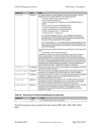CPE WAN Management Protocol TR-069 Issue 1 Amendment 5
November 2013 © The Broadband Forum. All rights reserved. Page 106 of 228
Argument Type Value
FileType string(64) An integer followed by a space followed by the file type description. Only the
following values are currently defined for the FileType argument:
"1 Firmware Upgrade Image" (download only)
"2 Web Content" (download only)
“3 Vendor Configuration File” (download or upload) [DEPRECATED for
upload]
“4 Vendor Log File” (upload only) [DEPRECATED]
“4 Tone File” (download only; see [25] Appendix B)
“5 Ringer File” (download only; see [25] Appendix B)
“6 Vendor Configuration File <i>” (upload only)
“7 Vendor Log File <i>” (upload only)
For “6 Vendor Configuration File <i>”, <i> is replaced by the Instance
Number from the Vendor Config File Object as defined in the appropriate
Root Data Model. The Instance Number corresponds to that of the entry in
the vendor config file table that the CPE uploaded.
For “7 Vendor Log File <i>”, <i> is replaced by the Instance Number from the
Vendor Log File Object as defined in the appropriate Root Data Model. The
Instance Number corresponds to that of the entry in the vendor log file table
that the CPE uploaded.
The following format is defined to allow the unique definition of vendor-specific file
types:
"X <VENDOR> <Vendor-specific identifier>"
<VENDOR> is replaced by a unique vendor identifier, which MAY be either an
OUI or a domain name. The OUI or domain name used for a given vendor-
specific file type MUST be one that is assigned to the organization that defined
this method (which is not necessarily the same as the vendor of the CPE or ACS).
An OUI is an organizationally unique identifier as defined in [10], which MUST be
formatted as a 6 hexadecimal-digit OUI (organizationally unique identifier), with all
upper-case letters and any leading zeros included. A domain name MUST be
upper case with each dot (“.”) replaced with a hyphen or underscore.
FileSize unsignedInt The size of the file in bytes, or zero if this information is not available or if the CPE
chooses not to make it available.
TargetFileName string(256) The name of the file on the target (CPE) file system, or an empty string if this
information is not available or if the CPE chooses not to make it available.
FaultStruct FaultStruct A FaultStruct as defined in Table 40. If the transfer was successful, the FaultCode
is set to zero. Otherwise a non-zero FaultCode is specified along with a
FaultString indicating the failure reason.
StartTime dateTime The date and time transfer was started in UTC. The CPE SHOULD record this
information and report it in this argument, but if this information is not available,
the value of this argument MUST be set to the Unknown Time value.
CompleteTime dateTime The date and time the transfer was fully completed and applied in UTC. The CPE
SHOULD record this information and report it in this argument, but if this
information is not available, the value of this argument MUST be set to the
Unknown Time value.
Table 45 – AutonomousTransferCompleteResponse arguments
Argument Type Value
- void This method response has no arguments.
The following fault codes are defined for this method: 8000, 8001, 8002, 8003, 8004,
8005.
 