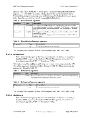 CPE WAN Management Protocol TR-069 Issue 1 Amendment 5
November 2013 © The Broadband Forum. All rights reserved. Page 108 of 228
absolute time. The CPE MUST be able to queue a minimum of three ScheduleInform
requests. The CPE MUST consider a ScheduleInform that has the same non-empty
CommandKey as a previously requested (and still queued) ScheduleInform as an update
to the DelaySeconds of the previously requested ScheduleInform.
Table 49 – ScheduleInform arguments
Argument Type Description
DelaySeconds unsignedInt The number of seconds from the time this method is called to the time the CPE is
requested to initiate a one-time Inform method call. The CPE sends a response, and
then DelaySeconds later calls the Inform method. This argument MUST be greater
than zero.
CommandKey string(32) The string to return in the CommandKey element of the InformStruct when the CPE
calls the Inform method.
The value of the CommandKey is entirely at the discretion of the ACS and MAY be
an empty string.
Table 50 – ScheduleInformResponse arguments
Argument Type Description
- void This method response has no arguments.
The following fault codes are defined for this method: 9000, 9001, 9002, 9003.
A.4.1.3 SetVouchers
Note – this method, as part of the “voucher mechanism” as defined in Annex C, is
DEPRECATED in favor of the “Software Module Management mechanism” as
described in Appendix II / TR-157 Amendment 3 [29].
This method MAY be used by an ACS to set one or more option Vouchers in the CPE.
The calling arguments for this method are defined in Table 51. The arguments in the
response are defined in Table 52.
Table 51 – SetVouchers arguments
Argument Type Description
VoucherList base64[] Array of Vouchers, where each Voucher is represented as a Base64 encoded octet string.
The detailed structure of a Voucher is defined in Annex C.
Table 52 – SetVouchersResponse arguments
Argument Type Description
- void This method response has no arguments.
The following fault codes are defined for this method: 9000, 9001, 9002, 9003, 9004.
A.4.1.4 GetOptions
Note – this method, as part of the “voucher mechanism” as defined in Annex C, is
DEPRECATED in favor of the “Software Module Management mechanism” as
described in Appendix II / TR-157 Amendment 3 [29].
 