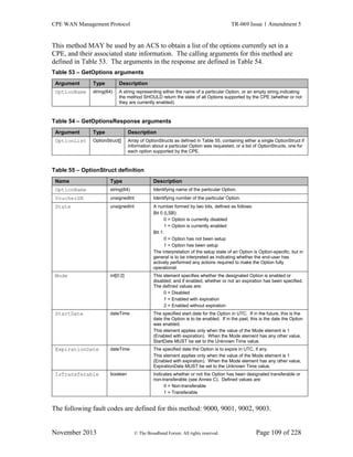CPE WAN Management Protocol TR-069 Issue 1 Amendment 5
November 2013 © The Broadband Forum. All rights reserved. Page 109 of 228
This method MAY be used by an ACS to obtain a list of the options currently set in a
CPE, and their associated state information. The calling arguments for this method are
defined in Table 53. The arguments in the response are defined in Table 54.
Table 53 – GetOptions arguments
Argument Type Description
OptionName string(64) A string representing either the name of a particular Option, or an empty string indicating
the method SHOULD return the state of all Options supported by the CPE (whether or not
they are currently enabled).
Table 54 – GetOptionsResponse arguments
Argument Type Description
OptionList OptionStruct[] Array of OptionStructs as defined in Table 55, containing either a single OptionStruct if
information about a particular Option was requested, or a list of OptionStructs, one for
each option supported by the CPE.
Table 55 – OptionStruct definition
Name Type Description
OptionName string(64) Identifying name of the particular Option.
VoucherSN unsignedInt Identifying number of the particular Option.
State unsignedInt A number formed by two bits, defined as follows:
Bit 0 (LSB):
0 = Option is currently disabled
1 = Option is currently enabled
Bit 1:
0 = Option has not been setup
1 = Option has been setup
The interpretation of the setup state of an Option is Option-specific, but in
general is to be interpreted as indicating whether the end-user has
actively performed any actions required to make the Option fully
operational.
Mode int[0:2] This element specifies whether the designated Option is enabled or
disabled; and if enabled, whether or not an expiration has been specified.
The defined values are:
0 = Disabled
1 = Enabled with expiration
2 = Enabled without expiration
StartDate dateTime The specified start date for the Option in UTC. If in the future, this is the
date the Option is to be enabled. If in the past, this is the date the Option
was enabled.
This element applies only when the value of the Mode element is 1
(Enabled with expiration). When the Mode element has any other value,
StartDate MUST be set to the Unknown Time value.
ExpirationDate dateTime The specified date the Option is to expire in UTC, if any.
This element applies only when the value of the Mode element is 1
(Enabled with expiration). When the Mode element has any other value,
ExpirationDate MUST be set to the Unknown Time value.
IsTransferable boolean Indicates whether or not the Option has been designated transferable or
non-transferable (see Annex C). Defined values are:
0 = Non-transferable
1 = Transferable
The following fault codes are defined for this method: 9000, 9001, 9002, 9003.
 