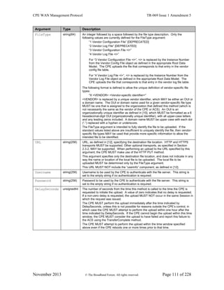 CPE WAN Management Protocol TR-069 Issue 1 Amendment 5
November 2013 © The Broadband Forum. All rights reserved. Page 111 of 228
Argument Type Description
FileType string(64) An integer followed by a space followed by the file type description. Only the
following values are currently defined for the FileType argument:
“1 Vendor Configuration File” [DEPRECATED]
“2 Vendor Log File” [DEPRECATED]
“3 Vendor Configuration File <i>”
“4 Vendor Log File <i>”
For “3 Vendor Configuration File <i>”, <i> is replaced by the Instance Number
from the Vendor Config File object as defined in the appropriate Root Data
Model. The CPE uploads the file that corresponds to that entry in the vendor
config file table.
For “4 Vendor Log File <i>”, <i> is replaced by the Instance Number from the
Vendor Log File object as defined in the appropriate Root Data Model. The
CPE uploads the file that corresponds to that entry in the vendor log file table.
The following format is defined to allow the unique definition of vendor-specific file
types:
"X <VENDOR> <Vendor-specific identifier>"
<VENDOR> is replaced by a unique vendor identifier, which MAY be either an OUI or
a domain name. The OUI or domain name used for a given vendor-specific file type
MUST be one that is assigned to the organization that defined this method (which is
not necessarily the same as the vendor of the CPE or ACS). An OUI is an
organizationally unique identifier as defined in [10], which MUST be formatted as a 6
hexadecimal-digit OUI (organizationally unique identifier), with all upper-case letters
and any leading zeros included. A domain name MUST be upper case with each dot
(“.”) replaced with a hyphen or underscore.
The FileType argument is intended to fully identify the file to be uploaded. If the
standard values listed above are insufficient to uniquely identify the file, then vendor-
specific file types MAY be used that provide more specific information to allow the
intended file to be identified.
URL string(256) URL, as defined in [12], specifying the destination file location. HTTP and HTTPS
transports MUST be supported. Other optional transports, as specified in Section
2.3.2, MAY be supported. When performing an upload to the URL specified by this
argument, the CPE MUST make use of the HTTP PUT method.
This argument specifies only the destination file location, and does not indicate in any
way the name or location of the local file to be uploaded. The local file to be
uploaded MUST be determined only by the FileType argument.
This URL MUST NOT include the “userinfo” component, as defined in [12].
Username string(256) Username to be used by the CPE to authenticate with the file server. This string is
set to the empty string if no authentication is required.
Password string(256) Password to be used by the CPE to authenticate with the file server. This string is
set to the empty string if no authentication is required.
DelaySeconds unsignedInt The number of seconds from the time this method is called to the time the CPE is
requested to initiate the upload. A value of zero indicates that no delay is requested.
If a non-zero delay is requested, the upload MUST NOT occur in the same Session in
which the request was issued.
The CPE MUST perform the upload immediately after the time indicated by
DelaySeconds, unless this is not possible for reasons outside the CPE’s control, in
which case the CPE MUST attempt to perform the upload within one hour after the
time indicated by DelaySeconds. If the CPE cannot begin the upload within this time
window, the CPE MUST consider the upload to have failed and report this failure to
the ACS using the TransferComplete method.
The CPE MUST attempt to perform the upload within the time window specified
above even if the CPE reboots one or more times prior to that time.
 