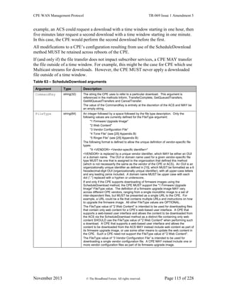 CPE WAN Management Protocol TR-069 Issue 1 Amendment 5
November 2013 © The Broadband Forum. All rights reserved. Page 115 of 228
example, an ACS could request a download with a time window starting in one hour, then
five minutes later request a second download with a time window starting in one minute.
In this case, the CPE would perform the second download before the first.
All modifications to a CPE’s configuration resulting from use of the ScheduleDownload
method MUST be retained across reboots of the CPE.
If (and only if) the file transfer does not impact subscriber services, a CPE MAY transfer
the file outside of a time window. For example, this might be the case for CPE which use
Multicast streams for downloads. However, the CPE MUST never apply a downloaded
file outside of a time window.
Table 63 – ScheduleDownload arguments
Argument Type Description
CommandKey string(32) The string the CPE uses to refer to a particular download. This argument is
referenced in the methods Inform, TransferComplete, GetQueuedTransfers,
GetAllQueuedTransfers and CancelTransfer.
The value of the CommandKey is entirely at the discretion of the ACS and MAY be
an empty string.
FileType string(64) An integer followed by a space followed by the file type description. Only the
following values are currently defined for the FileType argument:
"1 Firmware Upgrade Image"
"2 Web Content"
“3 Vendor Configuration File”
“4 Tone File” (see [25] Appendix B)
“5 Ringer File” (see [25] Appendix B)
The following format is defined to allow the unique definition of vendor-specific file
types:
"X <VENDOR> <Vendor-specific identifier>"
<VENDOR> is replaced by a unique vendor identifier, which MAY be either an OUI
or a domain name. The OUI or domain name used for a given vendor-specific file
type MUST be one that is assigned to the organization that defined this method
(which is not necessarily the same as the vendor of the CPE or ACS). An OUI is an
organizationally unique identifier as defined in [10], which MUST be formatted as a 6
hexadecimal-digit OUI (organizationally unique identifier), with all upper-case letters
and any leading zeros included. A domain name MUST be upper case with each
dot (“.”) replaced with a hyphen or underscore.
If and only if the CPE supports downloading of firmware images using the
ScheduleDownload method, the CPE MUST support the "1 Firmware Upgrade
Image" FileType value. The definition of a firmware upgrade image MAY vary
across different CPE vendors, ranging from a single monolithic image to a set of
inter-dependent files, but MUST be presented as a single URL to the CPE. For
example, a URL could be a file that contains multiple URLs and instructions on how
to upgrade the firmware image. All other FileType values are OPTIONAL.
The FileType value of "2 Web Content" is intended to be used for downloading files
that contain only web content for a CPE’s web-based user interface. A CPE that
supports a web-based user interface and allows the content to be downloaded from
the ACS via the ScheduleDownload method as a distinct file containing only web
content SHOULD use the FileType value of "2 Web Content" when performing such
a download. A CPE that supports a web-based user interface and allows the
content to be downloaded from the ACS MAY instead include web content as part of
its firmware upgrade image, or use some other means to update the web content in
the CPE. Such a CPE need not support the FileType value of "2 Web Content".
The FileType value of “3 Vendor Configuration File” is intended to be used for
downloading a single vendor configuration file. A CPE MAY instead include one or
more vendor configuration files as part of its firmware upgrade image.
 