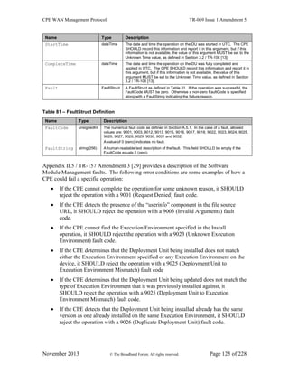CPE WAN Management Protocol TR-069 Issue 1 Amendment 5
November 2013 © The Broadband Forum. All rights reserved. Page 125 of 228
Name Type Description
StartTime dateTime The date and time the operation on the DU was started in UTC. The CPE
SHOULD record this information and report it in this argument, but if this
information is not available, the value of this argument MUST be set to the
Unknown Time value, as defined in Section 3.2 / TR-106 [13].
CompleteTime dateTime The date and time the operation on the DU was fully completed and
applied in UTC. The CPE SHOULD record this information and report it in
this argument, but if this information is not available, the value of this
argument MUST be set to the Unknown Time value, as defined in Section
3.2 / TR-106 [13].
Fault FaultStruct A FaultStruct as defined in Table 81. If the operation was successful, the
FaultCode MUST be zero. Otherwise a non-zero FaultCode is specified
along with a FaultString indicating the failure reason.
Table 81 – FaultStruct Definition
Name Type Description
FaultCode unsignedInt The numerical fault code as defined in Section A.5.1. In the case of a fault, allowed
values are: 9001, 9003, 9012, 9013, 9015, 9016, 9017, 9018, 9022, 9023, 9024, 9025,
9026, 9027, 9028, 9029, 9030, 9031 and 9032.
A value of 0 (zero) indicates no fault.
FaultString string(256) A human-readable text description of the fault. This field SHOULD be empty if the
FaultCode equals 0 (zero).
Appendix II.5 / TR-157 Amendment 3 [29] provides a description of the Software
Module Management faults. The following error conditions are some examples of how a
CPE could fail a specific operation:
 If the CPE cannot complete the operation for some unknown reason, it SHOULD
reject the operation with a 9001 (Request Denied) fault code.
 If the CPE detects the presence of the “userinfo” component in the file source
URL, it SHOULD reject the operation with a 9003 (Invalid Arguments) fault
code.
 If the CPE cannot find the Execution Environment specified in the Install
operation, it SHOULD reject the operation with a 9023 (Unknown Execution
Environment) fault code.
 If the CPE determines that the Deployment Unit being installed does not match
either the Execution Environment specified or any Execution Environment on the
device, it SHOULD reject the operation with a 9025 (Deployment Unit to
Execution Environment Mismatch) fault code
 If the CPE determines that the Deployment Unit being updated does not match the
type of Execution Environment that it was previously installed against, it
SHOULD reject the operation with a 9025 (Deployment Unit to Execution
Environment Mismatch) fault code.
 If the CPE detects that the Deployment Unit being installed already has the same
version as one already installed on the same Execution Environment, it SHOULD
reject the operation with a 9026 (Duplicate Deployment Unit) fault code.
 